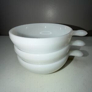 Vintage Glasbake White Milk Glass Soup Cereal Lug Handle 5" Glass Bowls USA Made